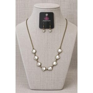 Paparazzi Brass Clear Rhinestone Necklace and Earrings Set Vintage Style Jewelry